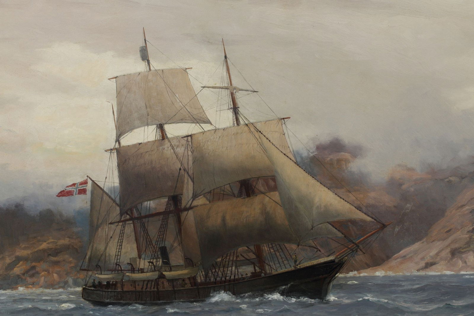 NILS SEVERIN LYNGE HANSTEEN (1855-1912) MARINE PAINTING, 39.5" X 61.5": Framed oil on canvas painting, Ship at Sea, signed lower right Nils Hansteen (Nils Severin Lynge Hansteen, Norwegian, 1855-1912), sight: approx 39"h, 60.75"w, overall: approx 44"h, 65.75"w, 20lbs