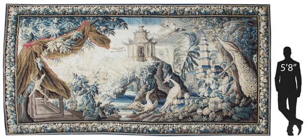 FRENCH AUBUSSON CHINOISERIE PASTORAL TAPESTRY, 105" X 192"