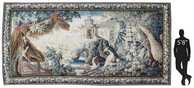 FRENCH AUBUSSON CHINOISERIE PASTORAL TAPESTRY, 105" X 192"