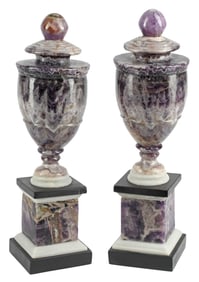 (2) ENGLISH-STYLE SEMIPRECIOUS STONE, BLACK & WHITE MARBLE URNS