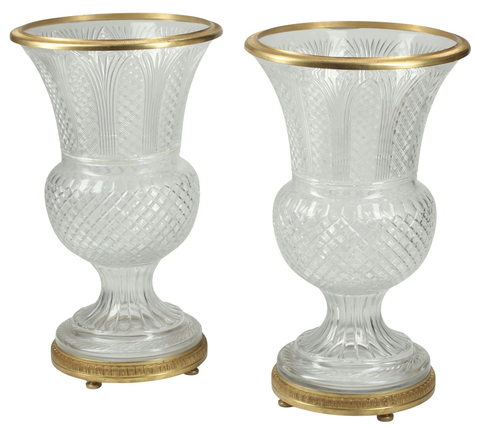 (2) LARGE BACCARAT STYLE ORMOLU-MOUNTED CRYSTAL VASES, 31"H (1 of 5)