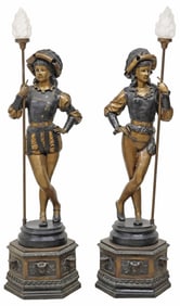 (2) LARGE MANNER OF EDOUARD HOUSSIN PATINATED BRONZE FIGURAL TORCHIERES, 48 1/8"H