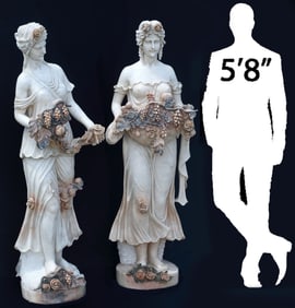 (2) LIFE-SIZE CARVED MARBLE CLASSICAL MAIDENS WITH FLOWERS, 62"H