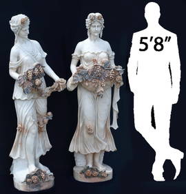 (2) LIFE-SIZE CARVED MARBLE CLASSICAL MAIDENS WITH FLOWERS, 62"H (1 of 8)
