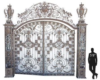 MONUMENTAL PATINATED CAST IRON ESTATE GATES, 15'8"H