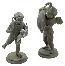 (2) PATINATED BRONZE CUPIDS WITH GOOSE & DOLPHIN