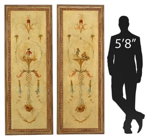 (2) FRENCH SCHOOL PAINTED CANVAS 'SINGERIE' WALL PANELS, 75"H