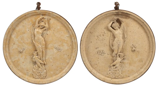 (2) IRON-MOUNTED CULTURED MARBLE RELIEF PLAQUES, 20"DIAM