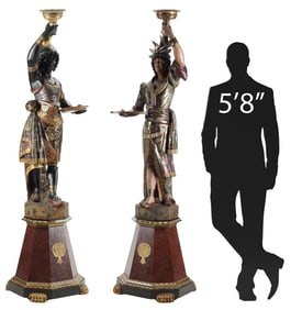 (2) VENETIAN PARCEL GILT & PAINTED FIGURAL TORCHIERES ON STANDS, 88"H