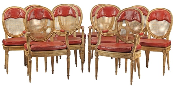 (10) LOUIS XVI STYLE CANE & LEATHER DINING CHAIRS