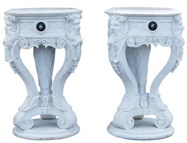(2) CARVED WHITE MARBLE STANDING PLANTERS WITH PIETRA DURA PLAQUES
