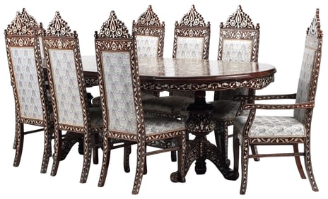 (9) IBERIAN STYLE MOTHER-OF-PEARL INLAID DINING TABLE & CHAIRS