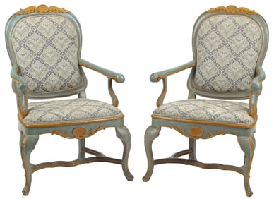 (2) ITALIAN ROCOCO STYLE BLUE-PAINTED OPEN ARMCHAIRS