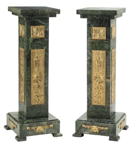 (2) LOUIS XVI STYLE ORMOLU-MOUNTED GREEN MARBLE PEDESTALS