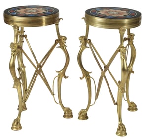 (2) NEOCLASSICAL STYLE MICROMOSAIC & SPECIMEN MARBLE-INLAID GUERIDONS