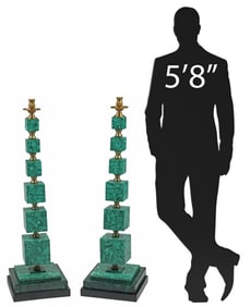 (2) ART MODERNE MALACHITE & BRONZE CANDLESTICKS, 43.5"