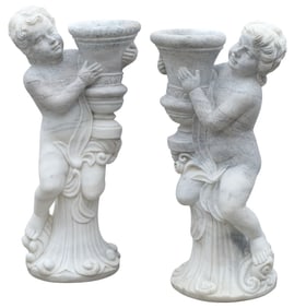 (2) CLASSICAL STYLE CARVED MARBLE PUTTI SCULPTURES