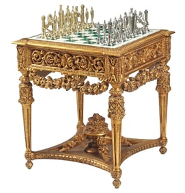 LOUIS XVI STYLE GILT MALACHITE & MARBLE CHESSBOARD GAMES TABLE