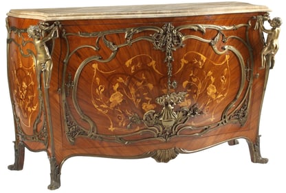 LOUIS XV STYLE ORMOLU-MOUNTED MARBLE-TOP MARQUETRY CABINET