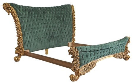 LARGE BAROQUE STYLE CARVED & UPHOLSTERED GILTWOOD BED
