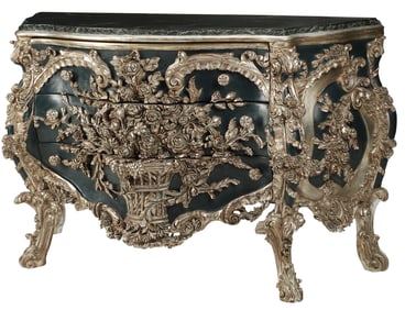 ROCOCO STYLE SILVER GILT & PAINT DECORATED BOMBE COMMODE