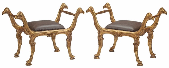 (2) ITALIAN STYLE GILT CAMEL MASK CURULE-FORM STOOLS