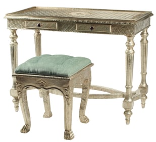 (2) ANGLO-INDIAN STYLE SILVERED METAL-CLAD DRESSING TABLE & STOOL