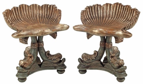 (2) VENETIAN STYLE PARCEL GILT-VARNISHED SILVERED 'GROTTO' STOOLS