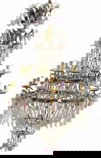 LARGE AMETHYST, ROSE QUARTZ & CRYSTAL 18-LIGHT CHANDELIER: Large wrought iron eighteen-light chandelier, having tiered frame with beaded crystal swag, issuing eighteen scrolled arms, each terminating on scalloped bobeche and faux candle, hung with a