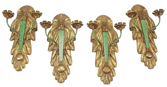 (4) EMPIRE STYLE GILTWOOD FAUX MALACHITE FIGURAL 2-LIGHT WALL SCONCES