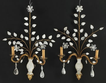 (2) BAGUES STYLE GILT METAL & ROCK CRYSTAL SCONCES
