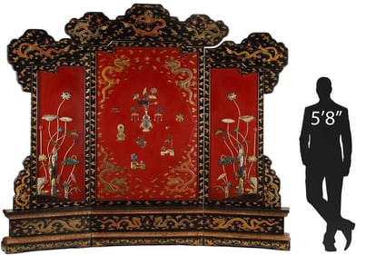PALATIAL CHINESE HARDSTONE-INLAID THREE-PANEL SCREEN, 107.5"H