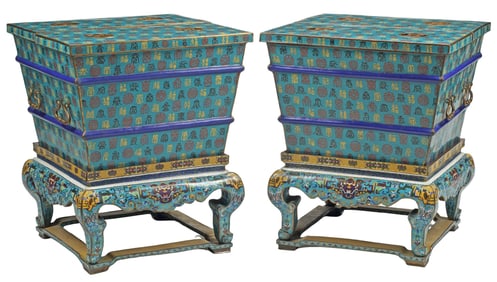 (2) LARGE CHINESE CLOISONNE ENAMEL ICE CHESTS ON STANDS, 32"H