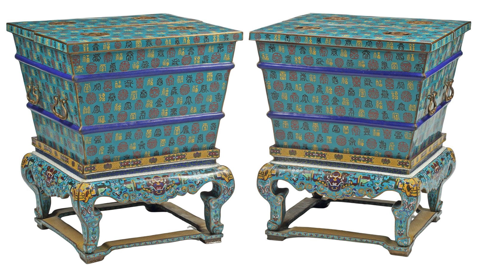 (2) LARGE CHINESE CLOISONNE ENAMEL ICE CHESTS ON STANDS, 32"H (1 of 16)