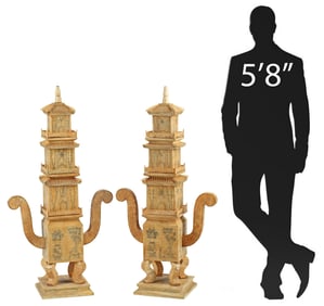 (2) CHINESE CARVED BONE-TILED ARCHITECTURAL PAGODA MODELS, 48"H