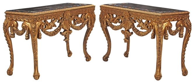 (2) GEORGE II STYLE GILTWOOD & PIETRA DURA CONSOLE TABLES