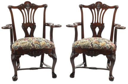 (2) IRISH GEORGE II STYLE CARVED MAHOGANY OPEN ARMCHAIRS
