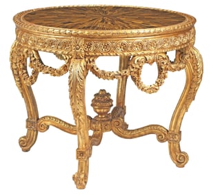 LOUIS XV STYLE GILT CENTER TABLE WITH TIGER'S EYE INLAID TOP