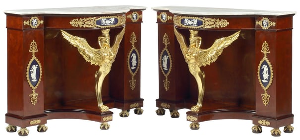 (2) EMPIRE STYLE MARBLE-TOP MAHOGANY CONSOLE TABLES