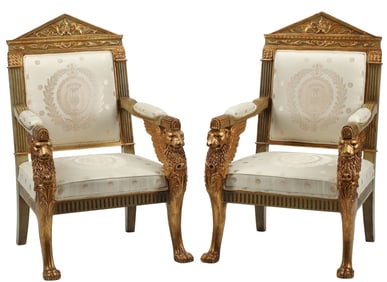 (2) EMPIRE STYLE PARCEL-GILT & PAINTED ARMCHAIRS
