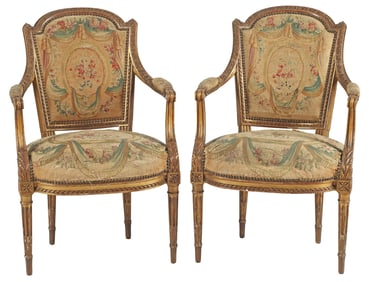 (2) FRENCH LOUIS XVI STYLE TAPESTRY-UPHOLSTERED GILTWOOD FAUTEUILS