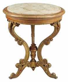 PARCEL-GILT GUERIDON WITH CHINESE CARVED MARBLE TOP