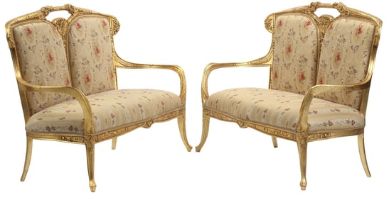(2) ART NOUVEAU STYLE UPHOLSTERED GILT SALON SETTEES