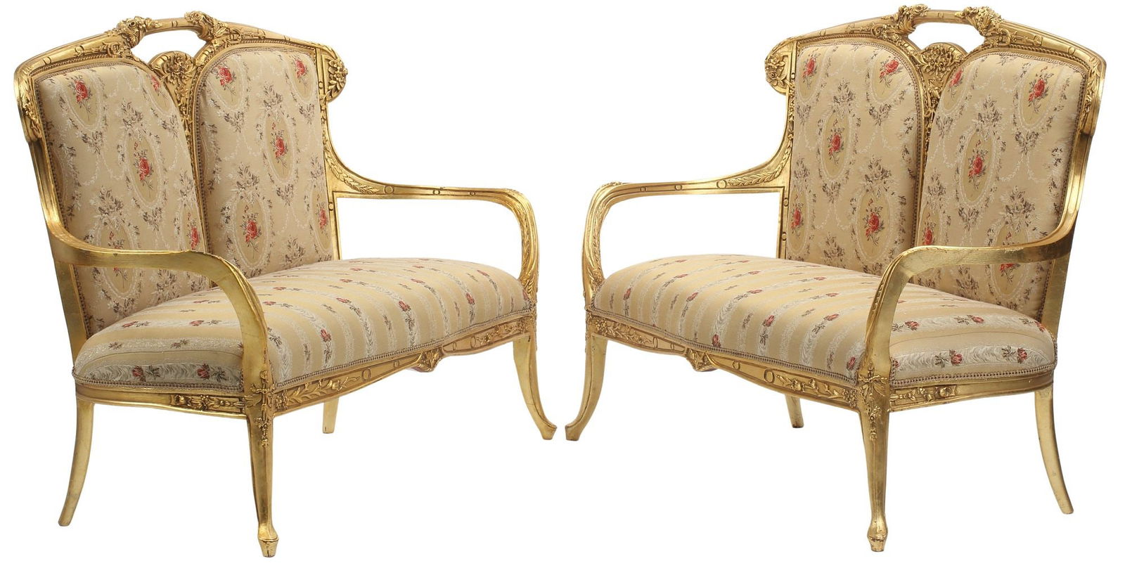 (2) ART NOUVEAU STYLE UPHOLSTERED GILT SALON SETTEES: (pair) Art Nouveau style gilt salon settees, each having curved top rail with molded floral motifs, upholstered back and seat, rising on splayed legs, approx 45.5"h, 62"w, 25"d, se