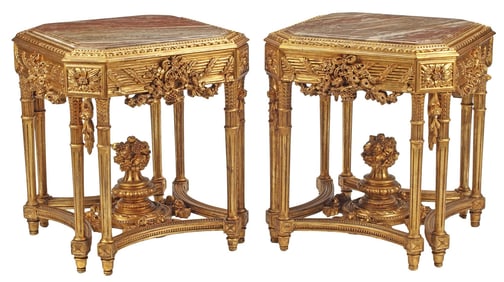 (2) LOUIS XVI STYLE MARBLE-TOP GILTWOOD SIDE TABLES
