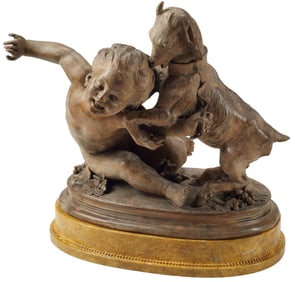 LARGE CONTINENTAL TERRACOTTA FIGURE GROUP OF A PUTTO & GOAT