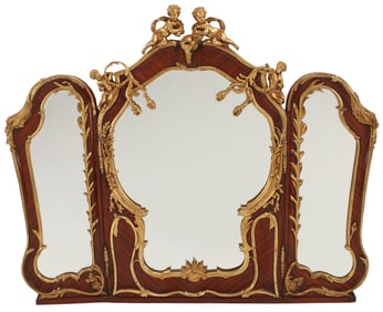 LARGE LOUIS XV STYLE ORMOLU-MOUNTED TRIFOLD VANITY MIRROR, 50"H