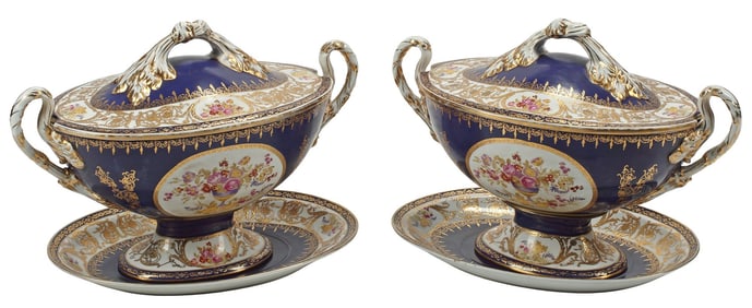 (2) SEVRES STYLE PORCELAIN TUREENS, COVERS & STANDS