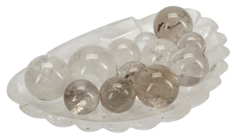 CARVED ROCK CRYSTAL FAN-SHAPED DISH WITH (12) SPHERES