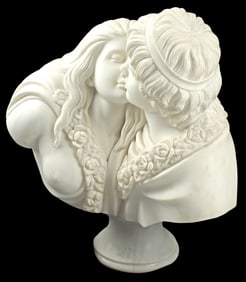 CARVED CARRARA MARBLE SCULPTURE, THE KISS, 26"H